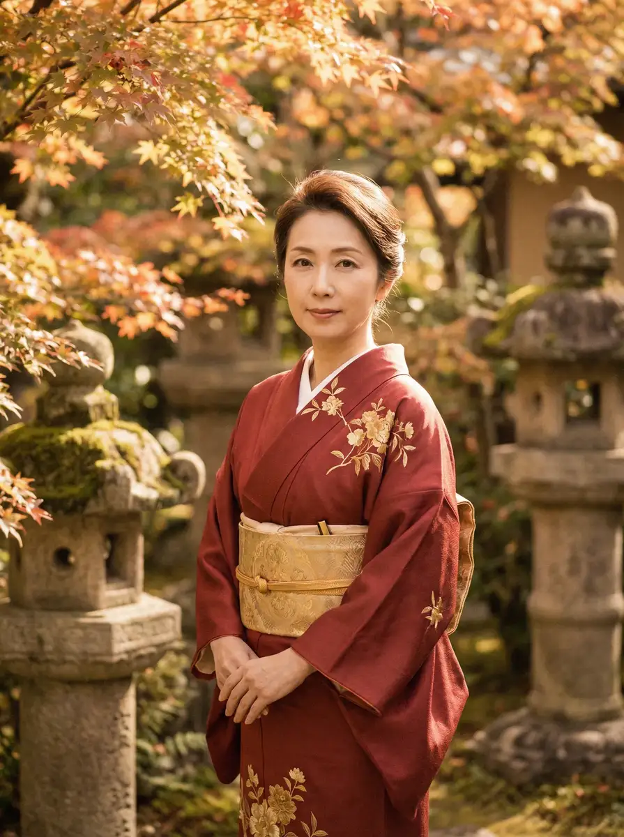 一位身穿暗红色和服的优雅 里番-里番动漫视频 在日式庭院中