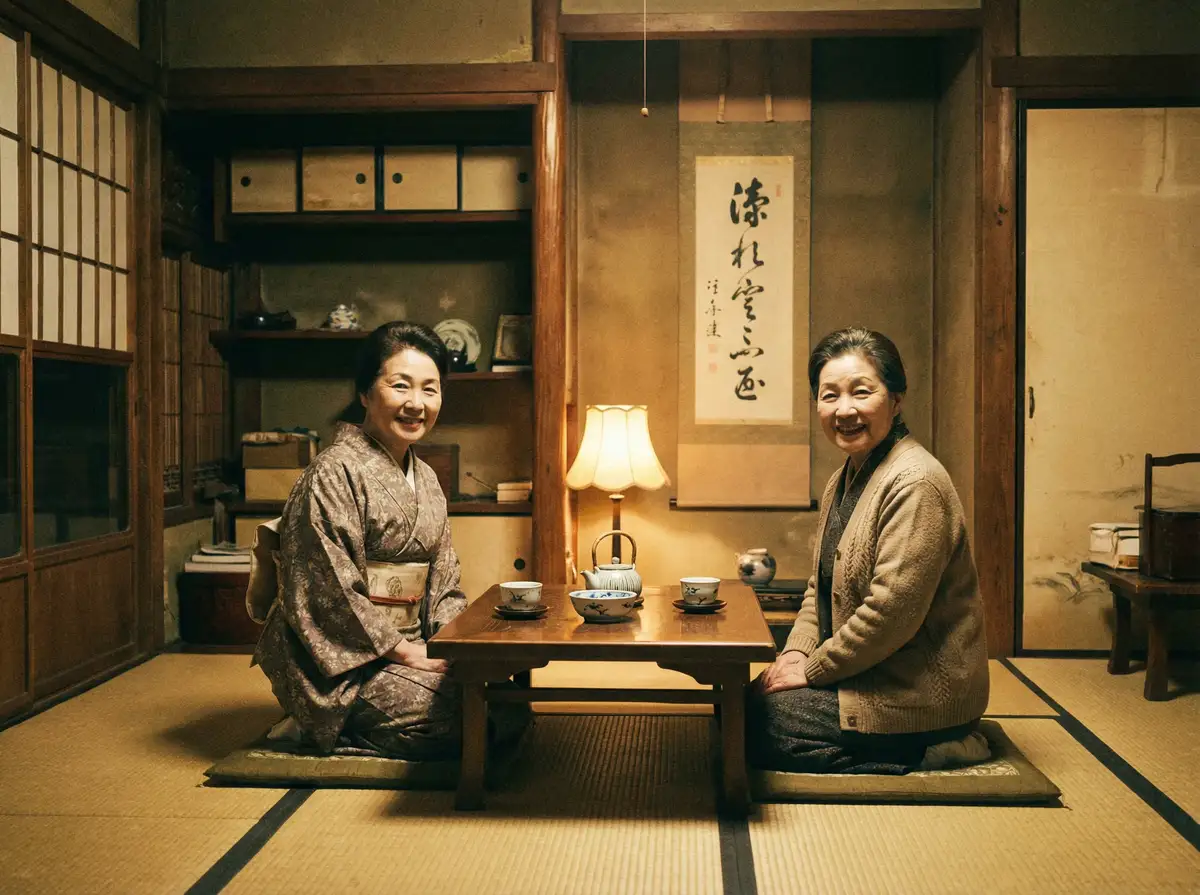 两位优雅的 里番-里番动漫视频 在日式茶室中品茶交谈
